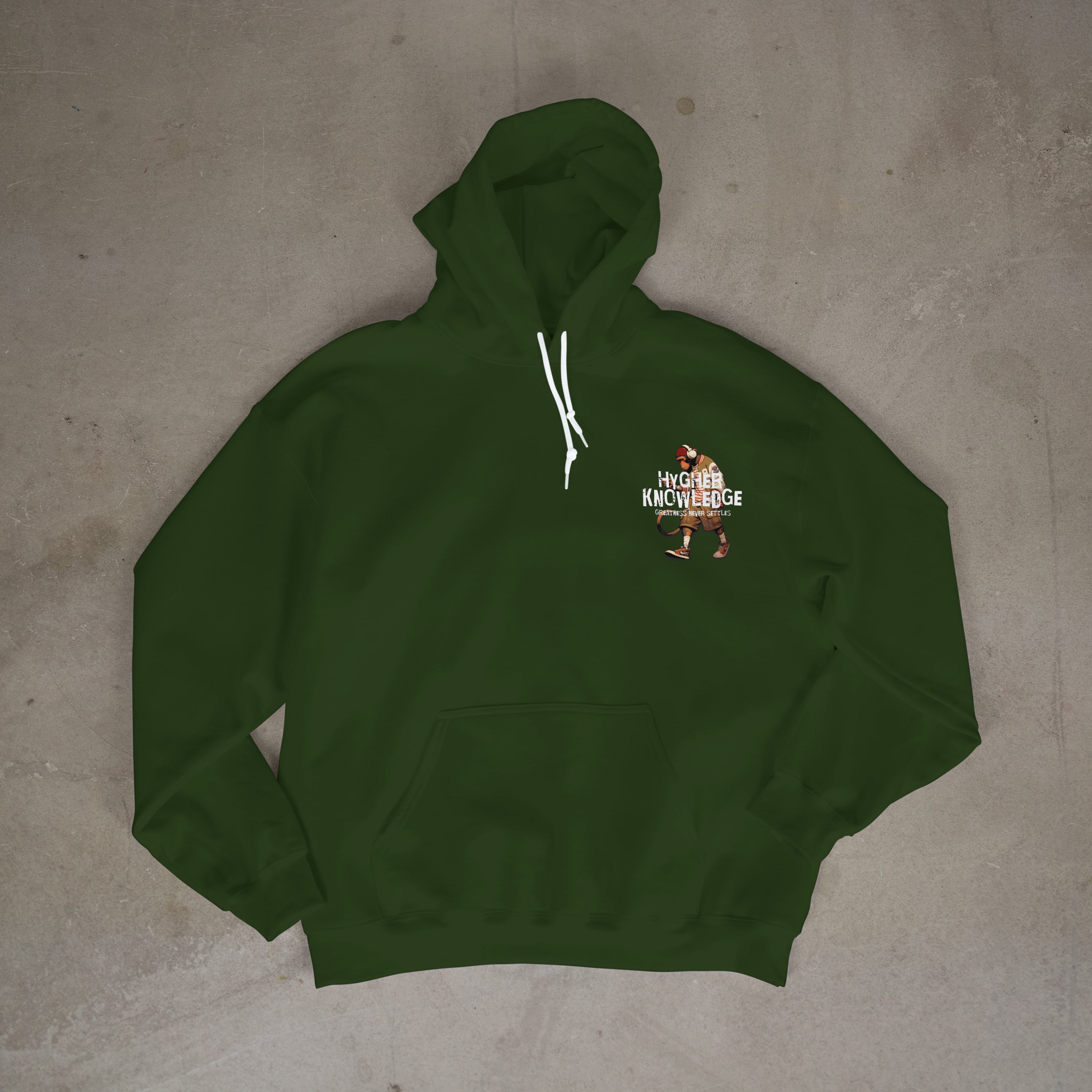 "Greatness Never Settles" Full Back Design with White Front Pocket Logo Hoodie