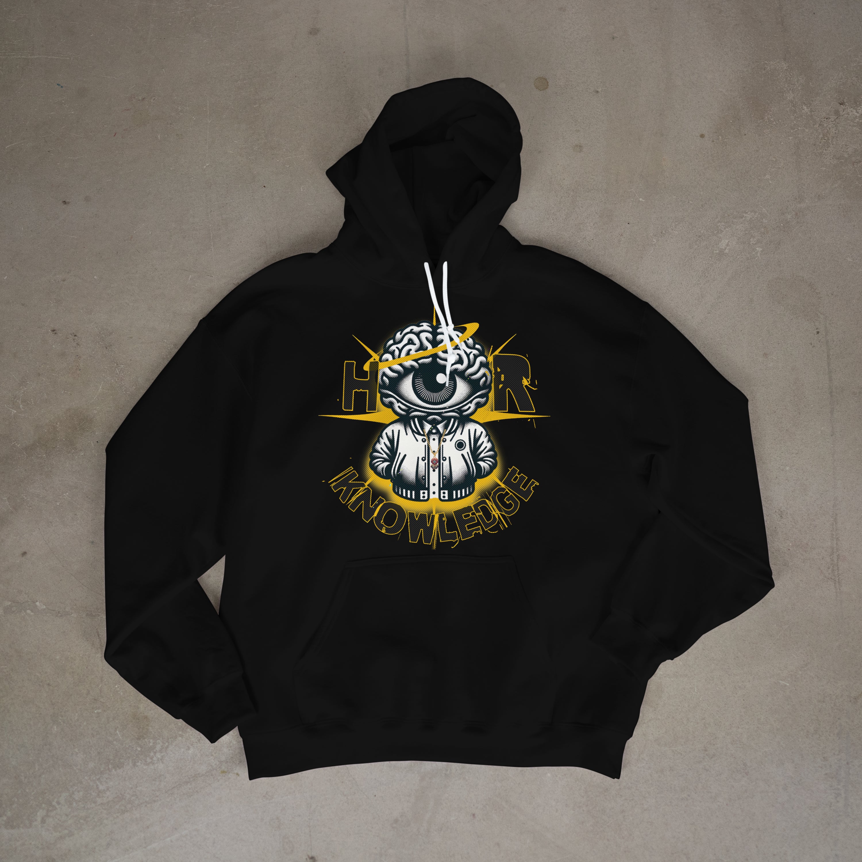Hygher Knowledge Eye Of Knowledge Hoodie Black And White With Gold Accent Mascot