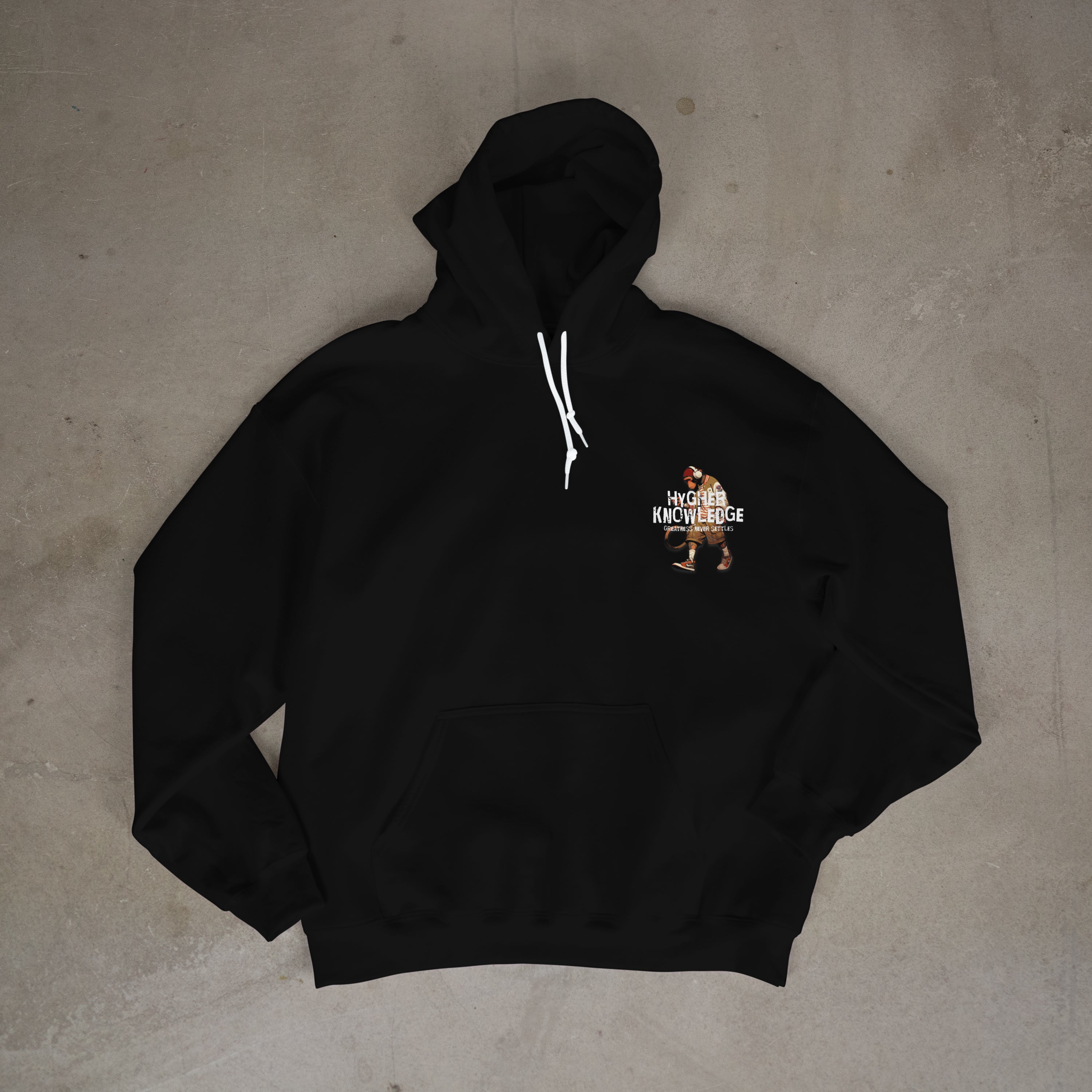 "Greatness Never Settles" Full Back Design with White Front Pocket Logo Hoodie