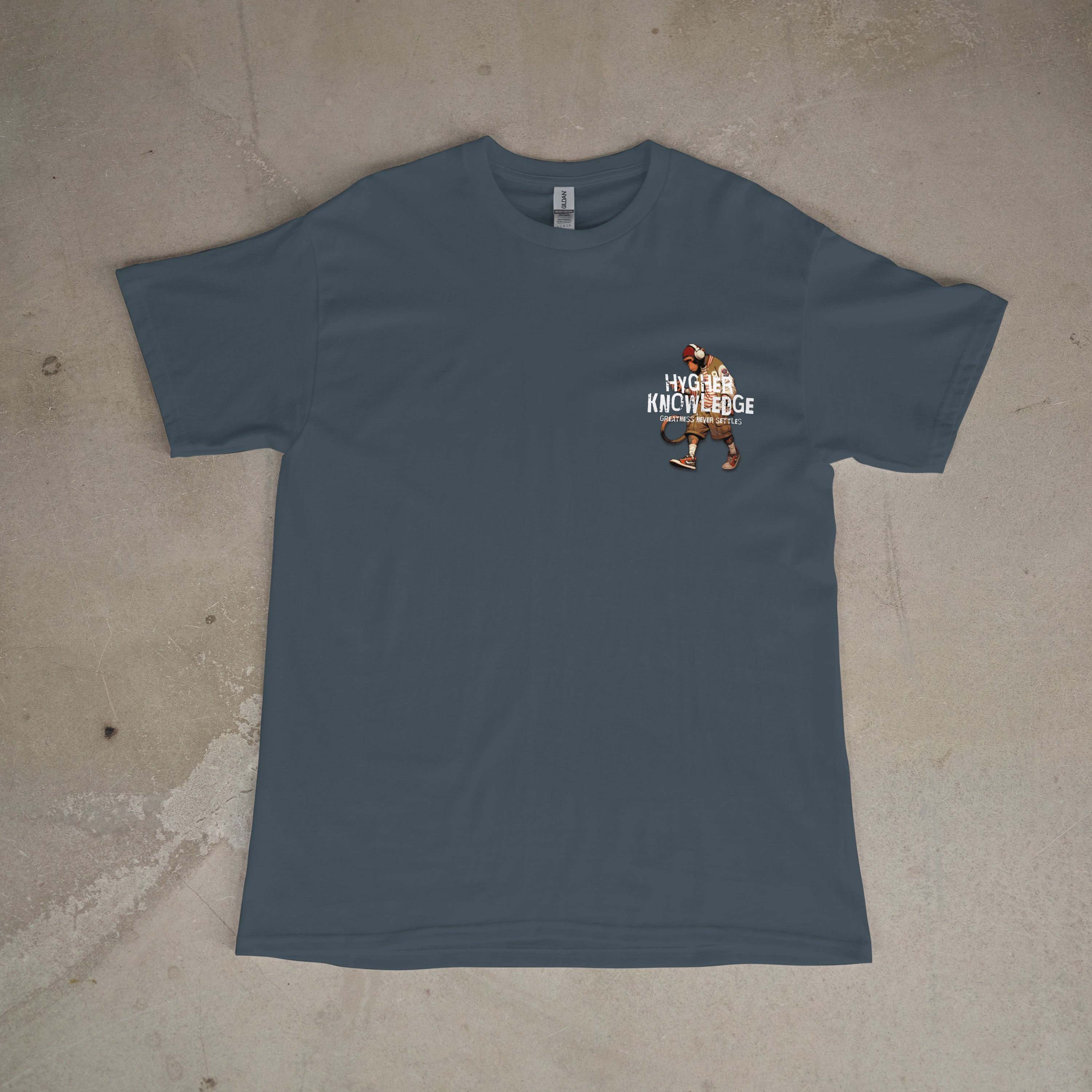 "Greatness Never Settles" Full Back Design with White Front Pocket Logo T Shirt