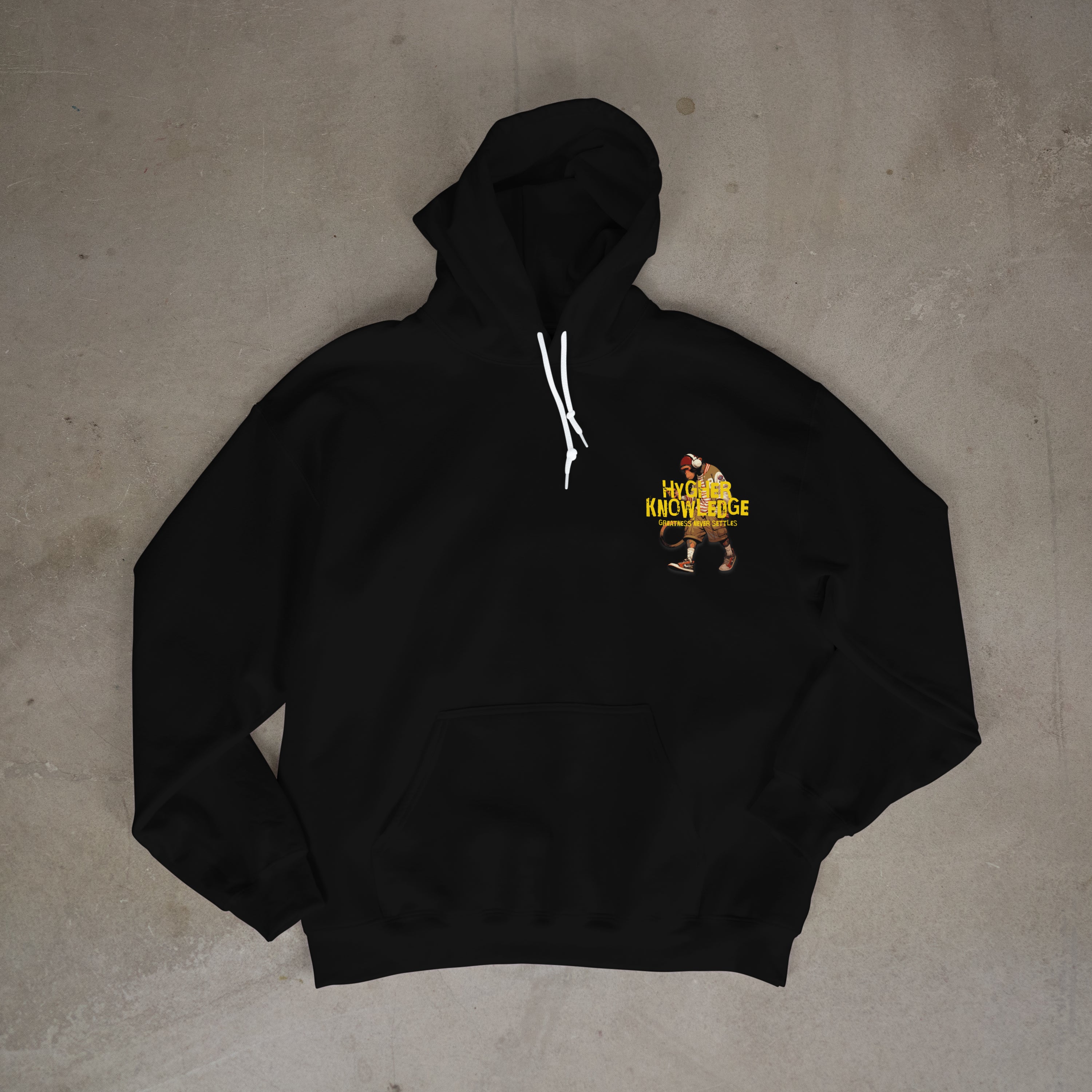 "Greatness Never Settles" Full Back Design with Gold Front Pocket Logo Hoodie
