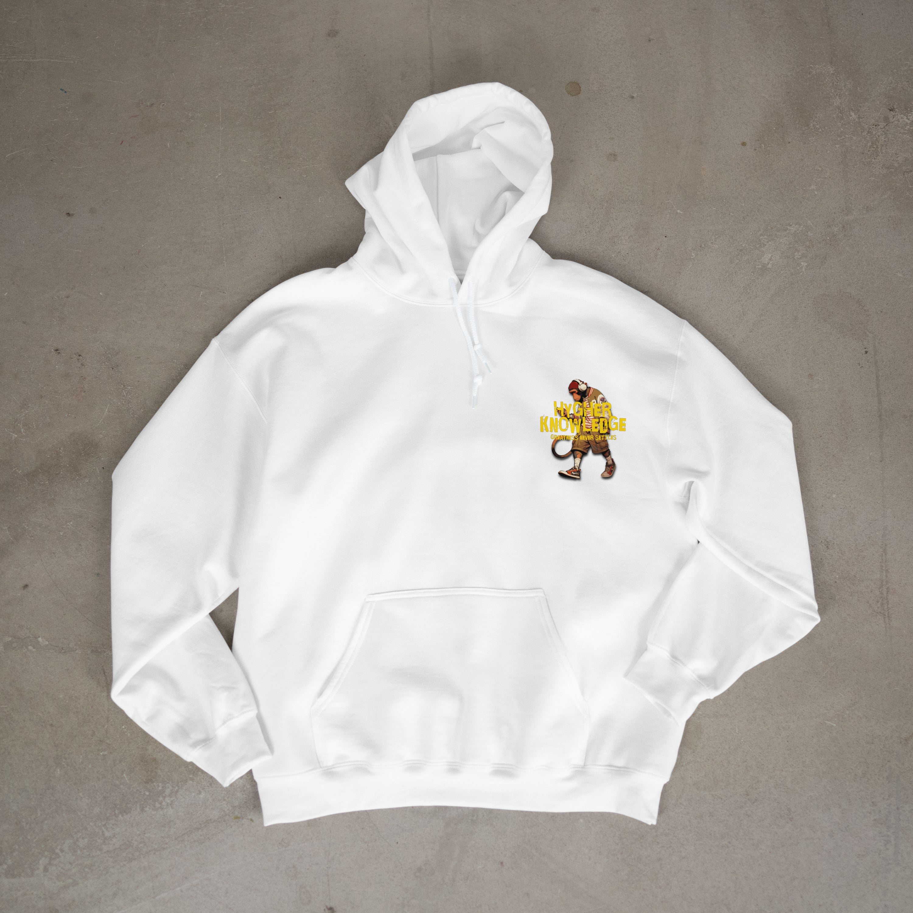 "Greatness Never Settles" Full Back Design with Gold Front Pocket Logo Hoodie