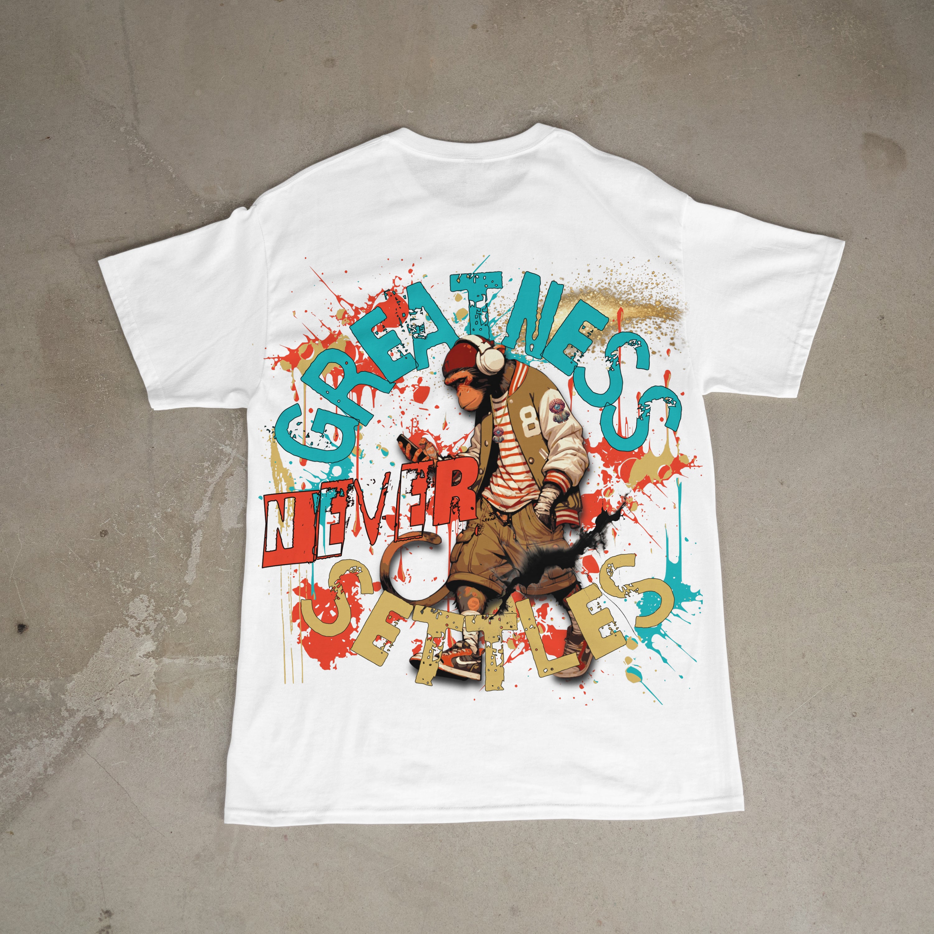 "Greatness Never Settles" Full Back Design with Black Front Pocket Logo T Shirt