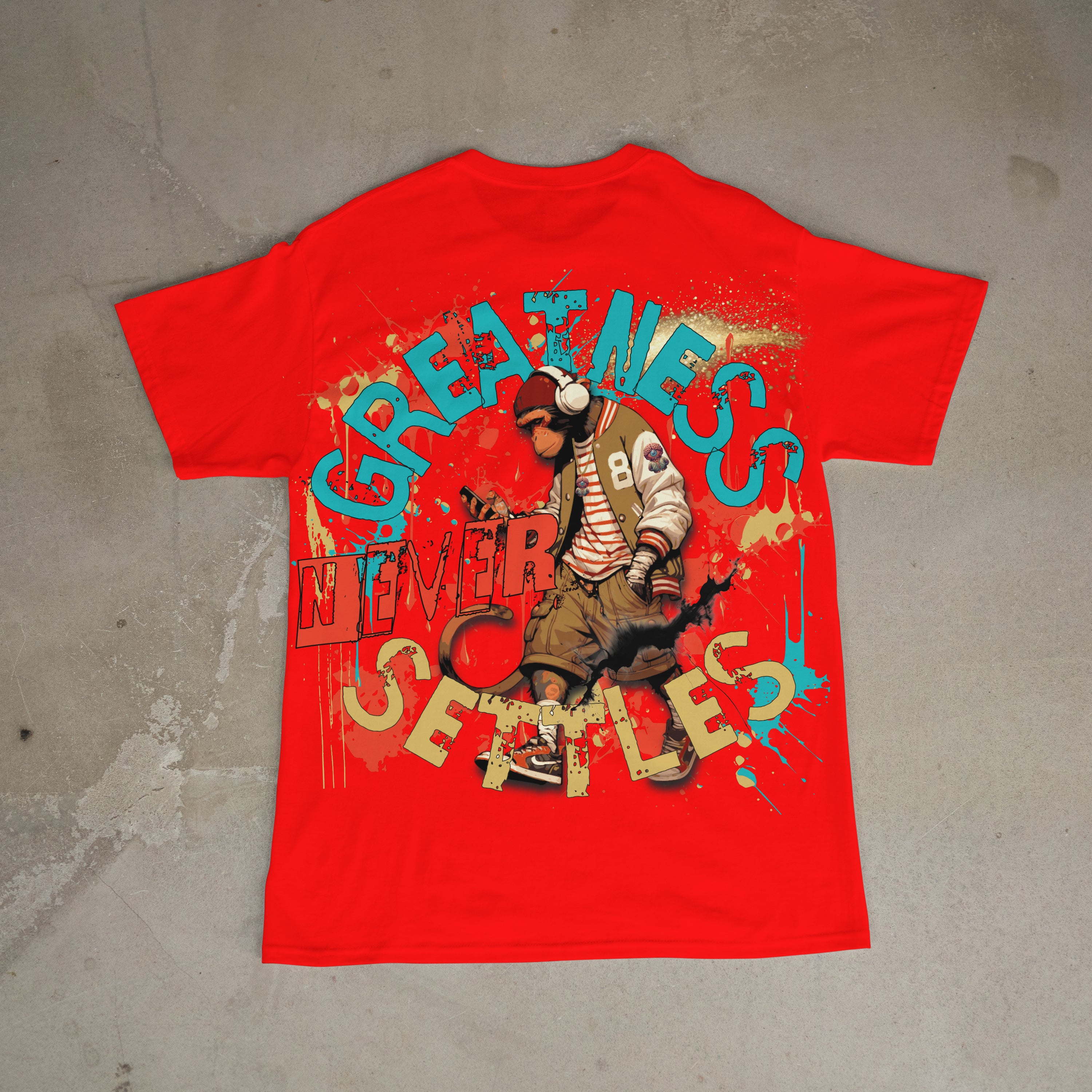 "Greatness Never Settles" Full Back Design with Black Front Pocket Logo T Shirt