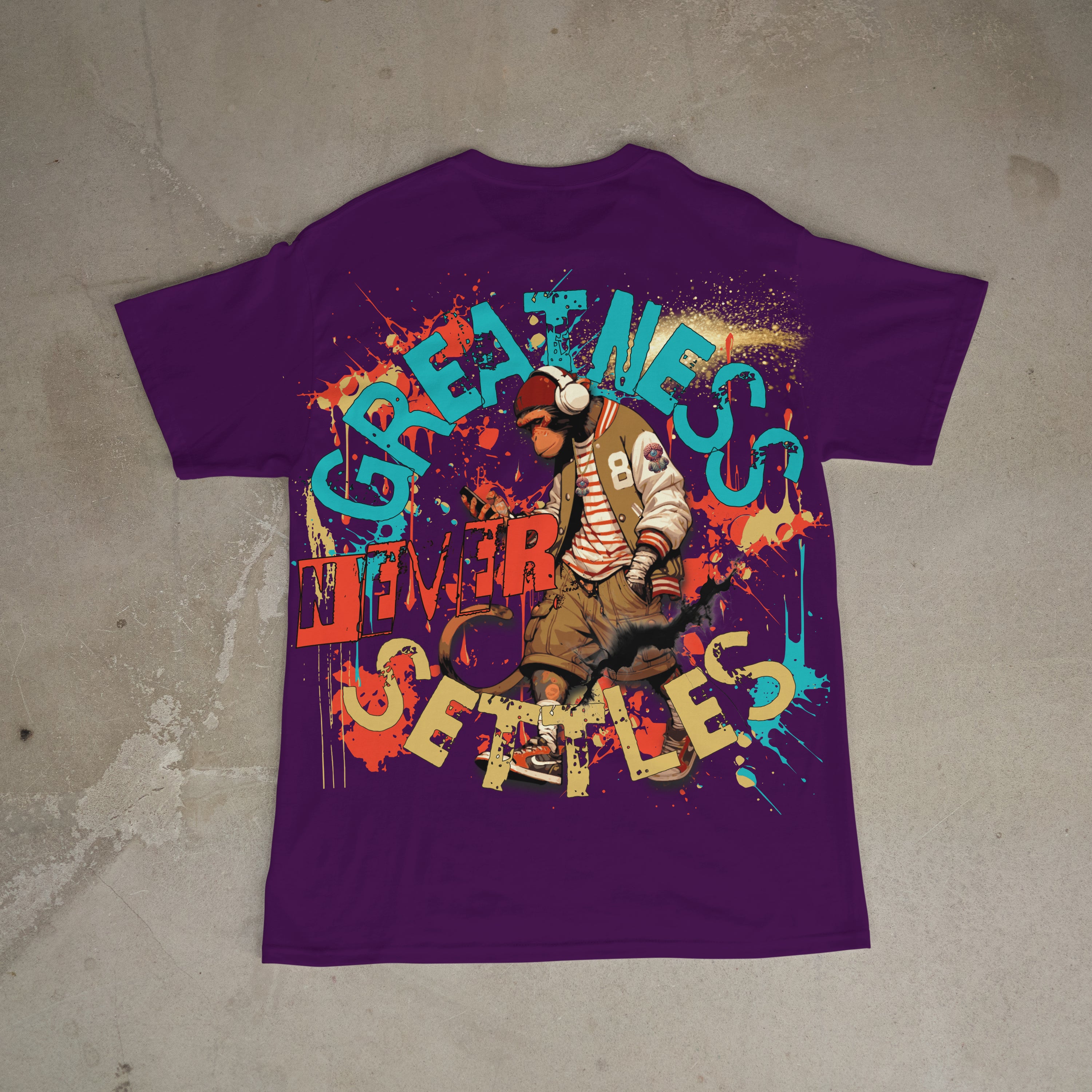 "Greatness Never Settles" Full Back Design with Black Front Pocket Logo T Shirt