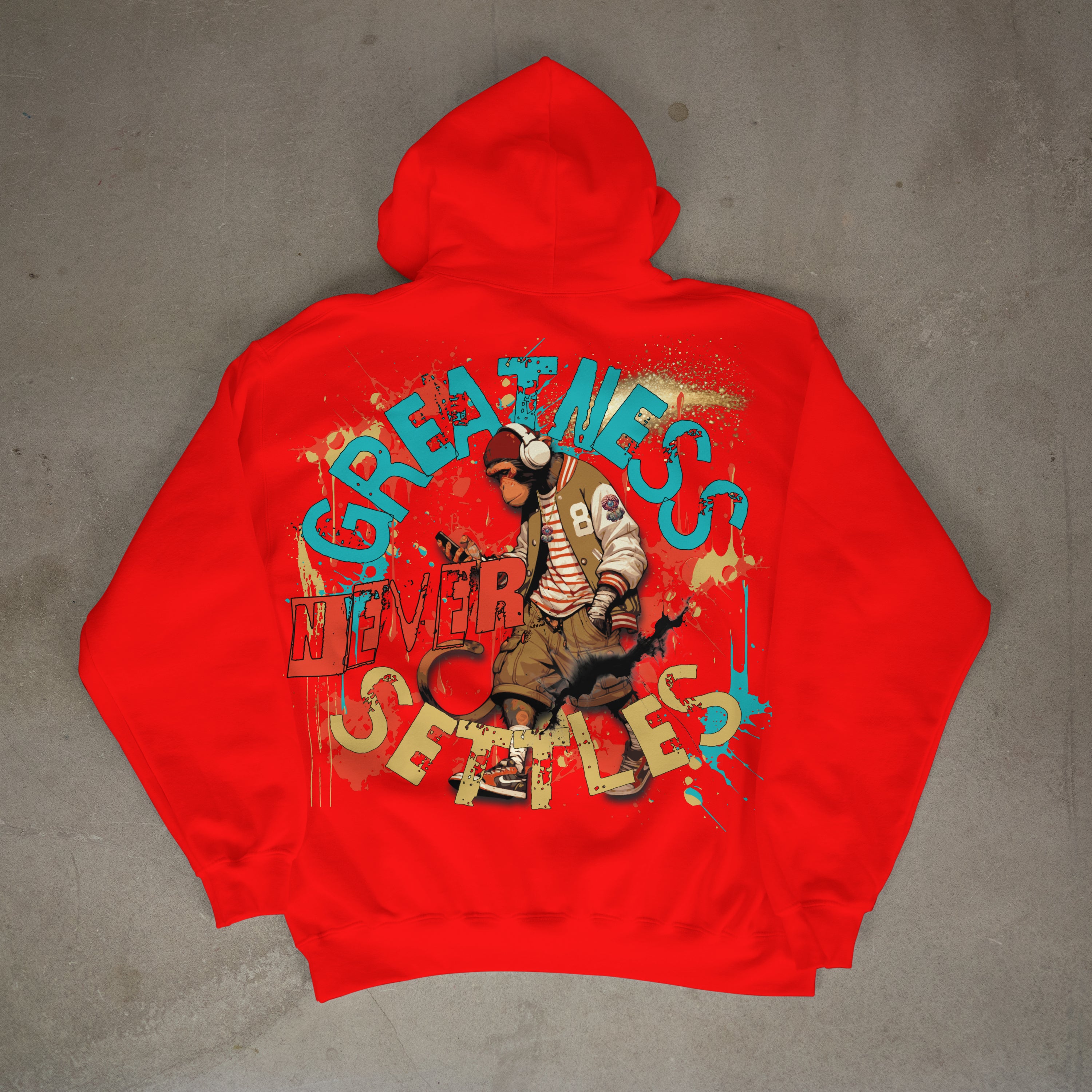 "Greatness Never Settles" Full Back Design with Black Front Pocket Logo Hoodie