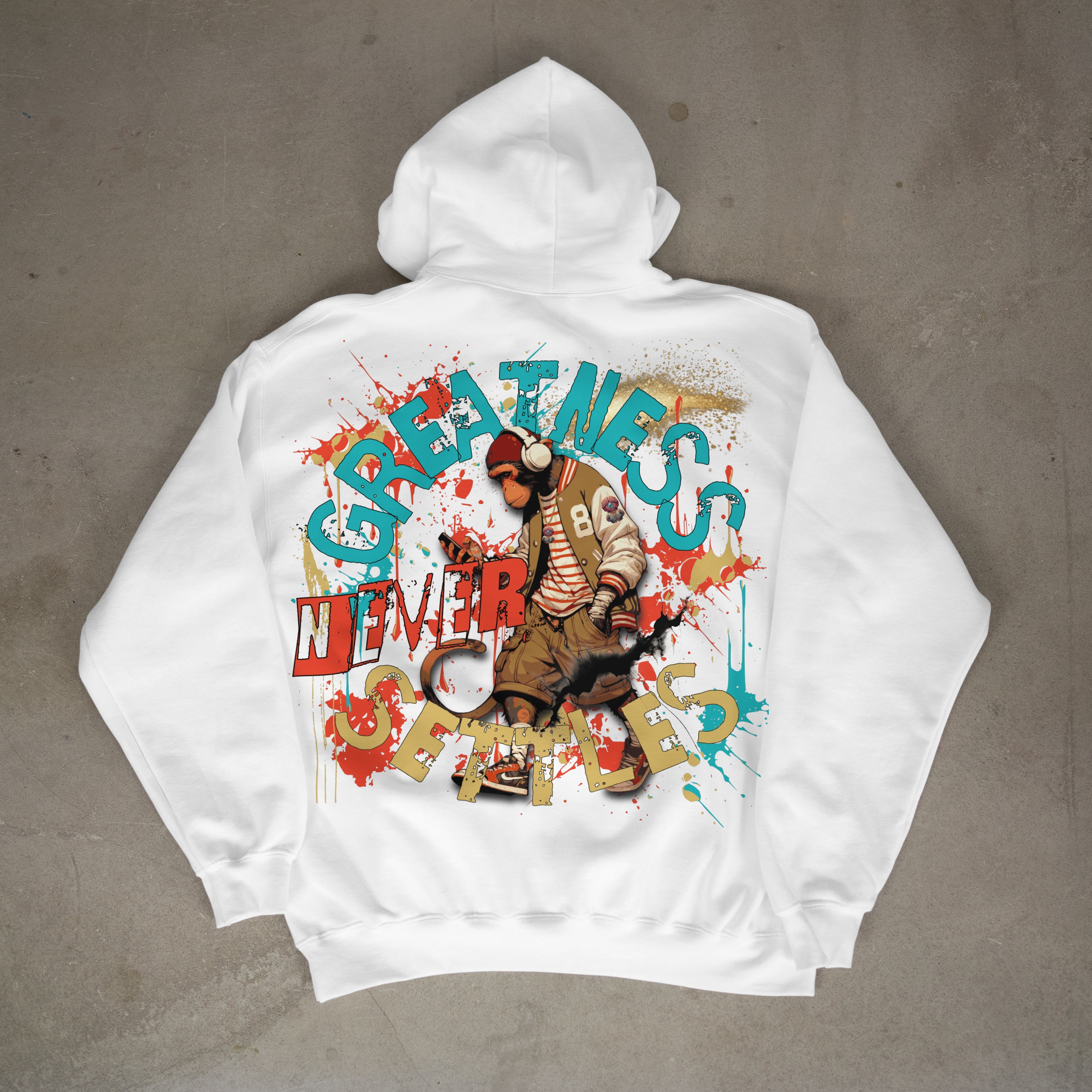 "Greatness Never Settles" Full Back Design with Black Front Pocket Logo Hoodie
