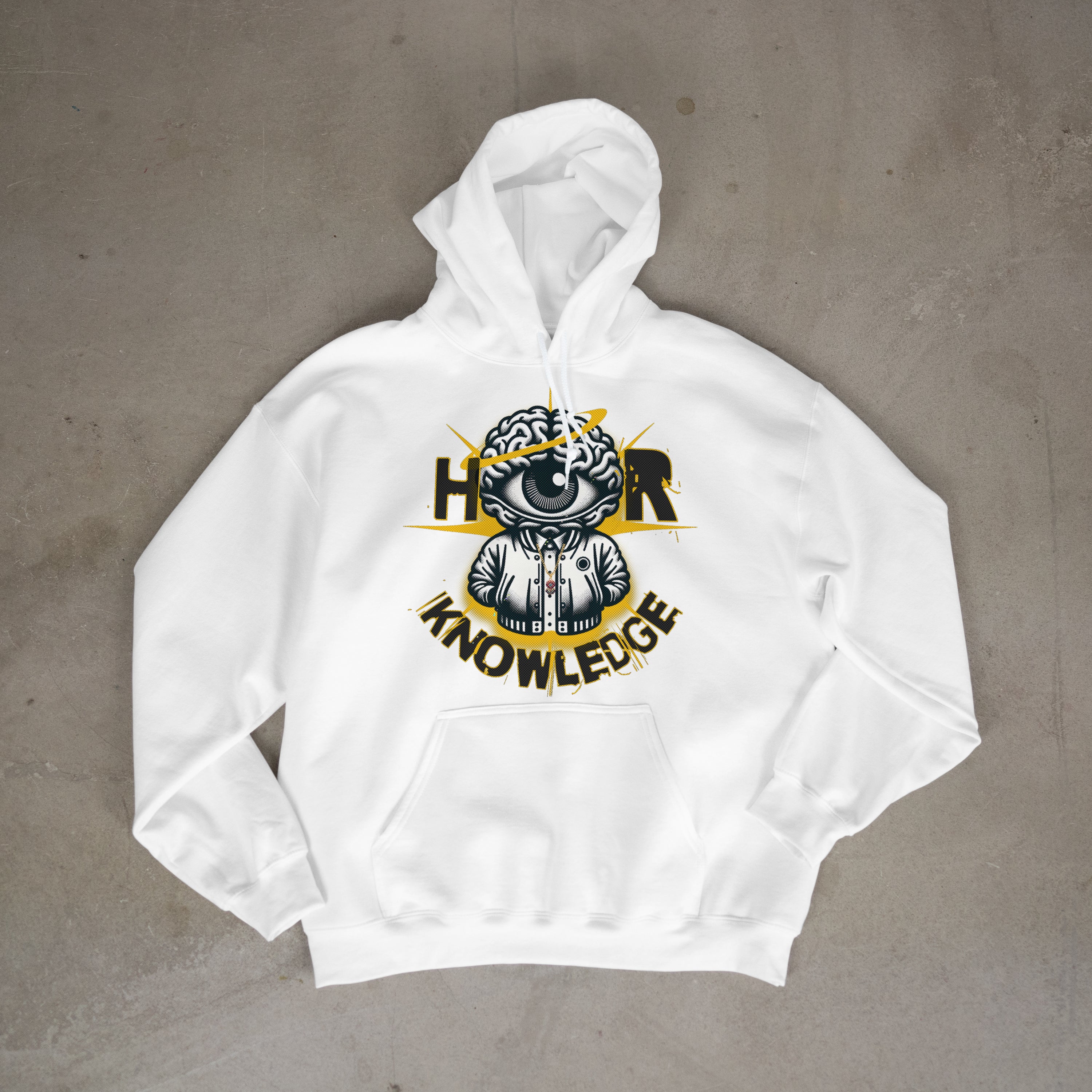 Hygher Knowledge Eye Of Knowledge Hoodie Black And White With Gold Accent Mascot