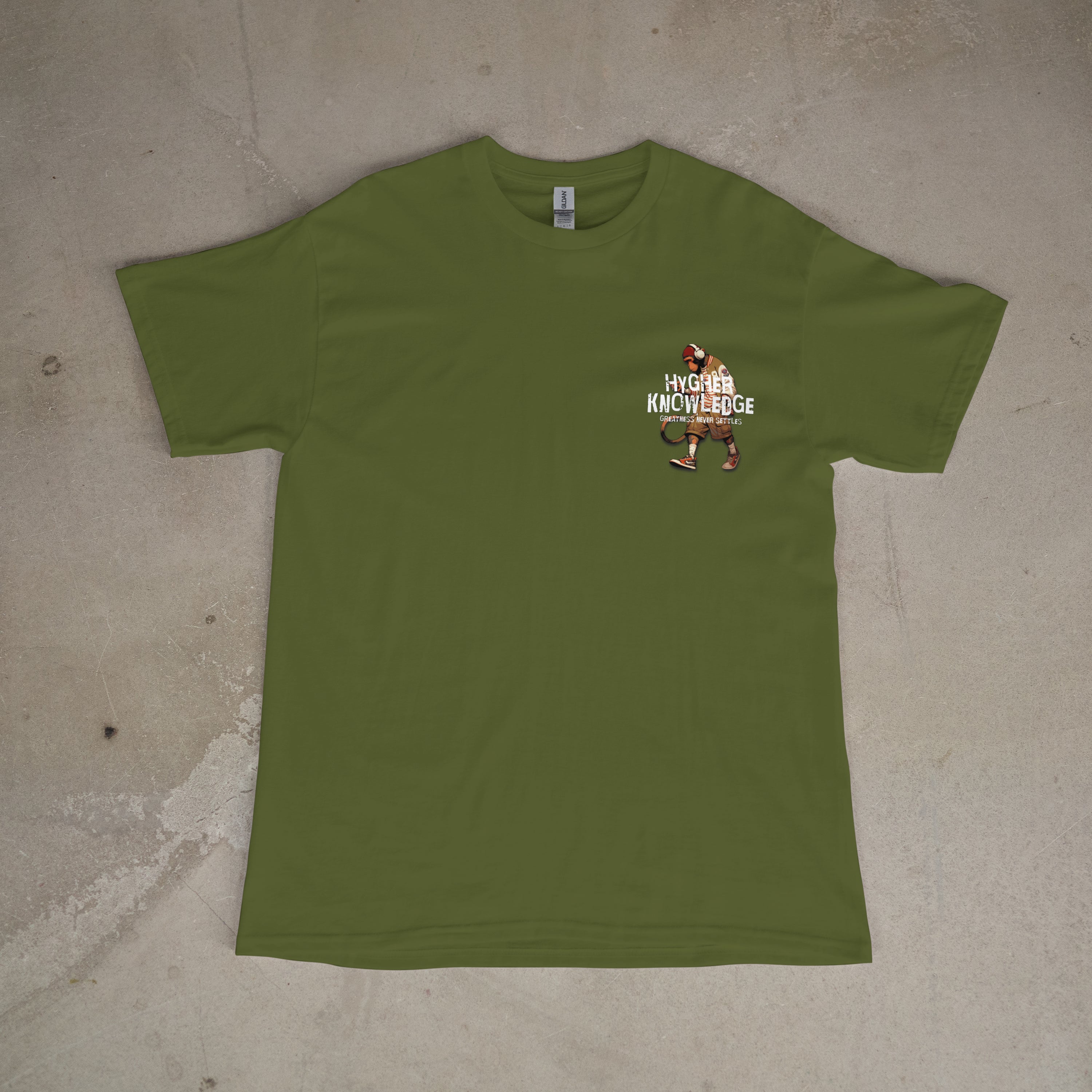 "Greatness Never Settles" Full Back Design with White Front Pocket Logo T Shirt