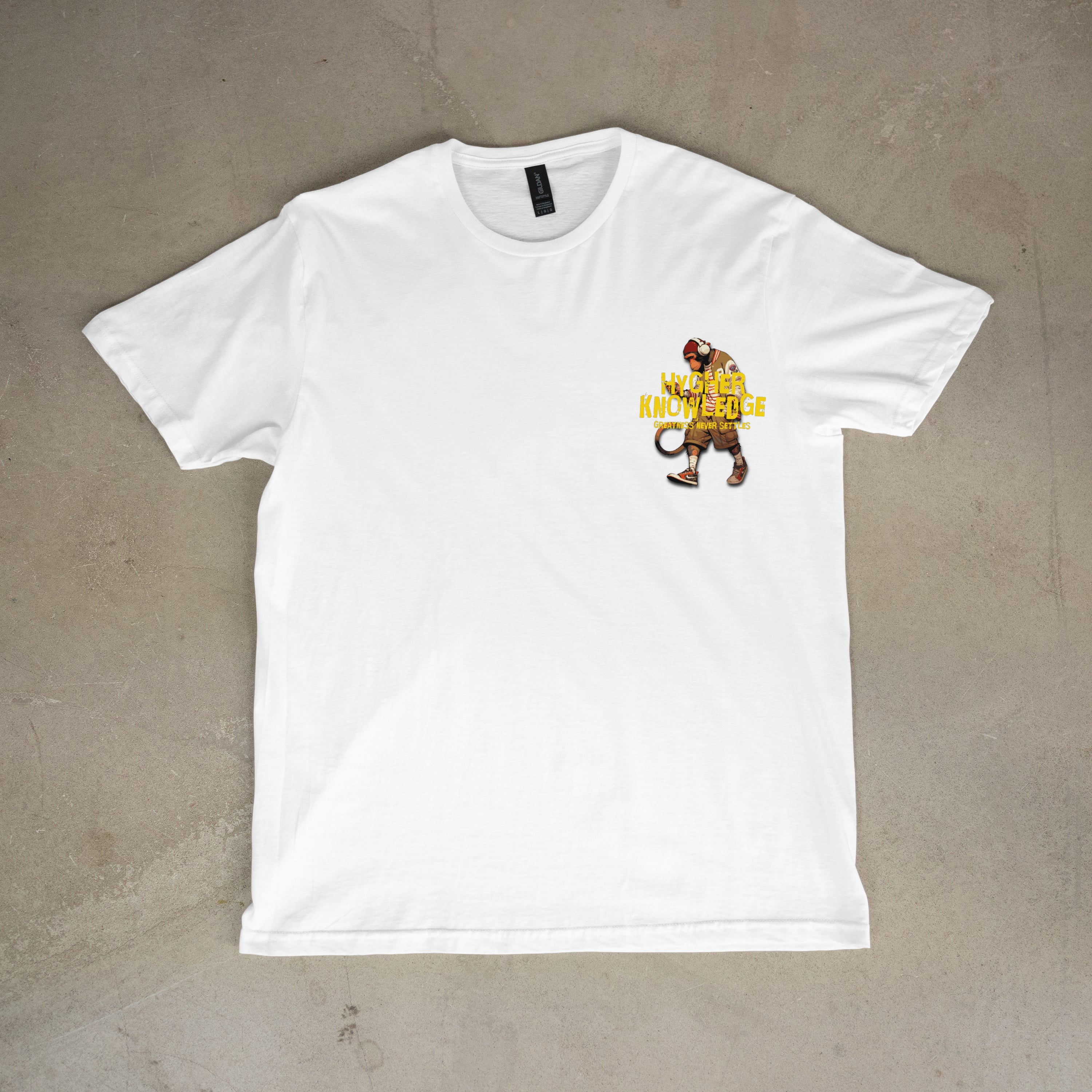 "Greatness Never Settles" Full Back Design with Gold Front Pocket Logo T Shirt