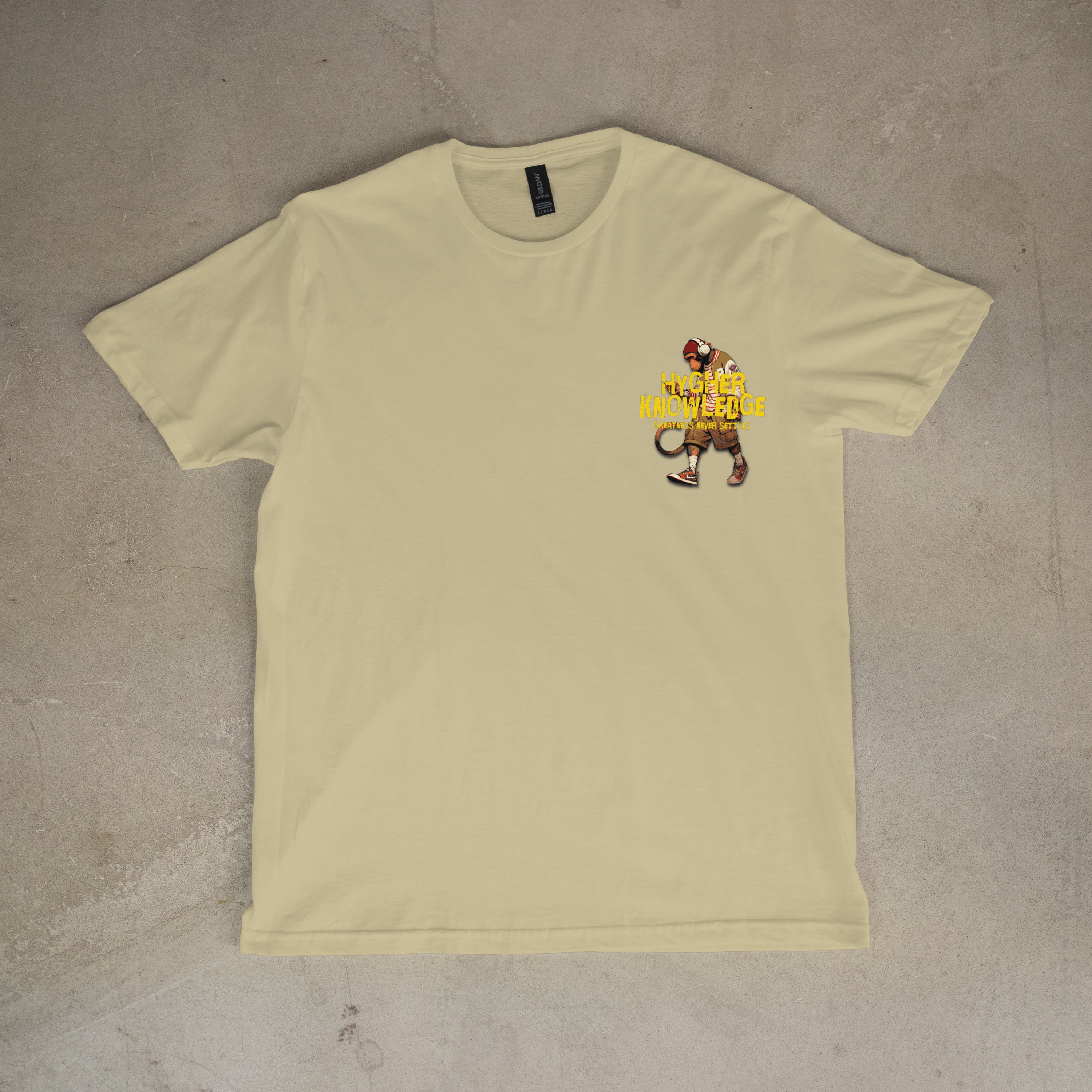 "Greatness Never Settles" Full Back Design with Gold Front Pocket Logo T Shirt