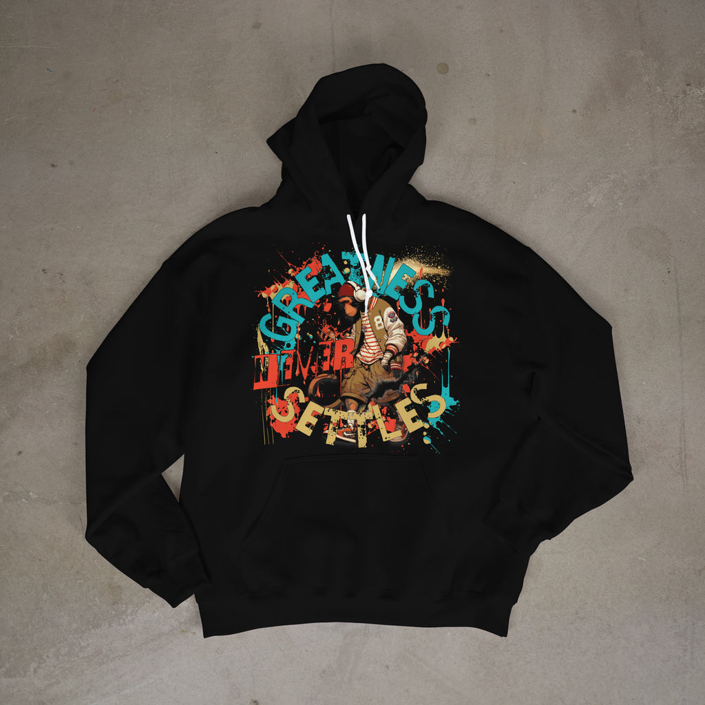 "Greatness Never Settles" Front Design With Gold Logo on Back Hoodie