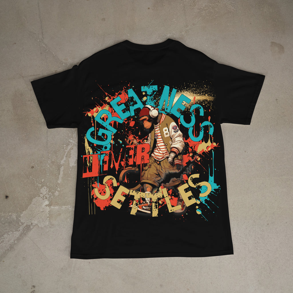 "Greatness Never Settles" Full Back Design with Gold Front Pocket Logo T Shirt