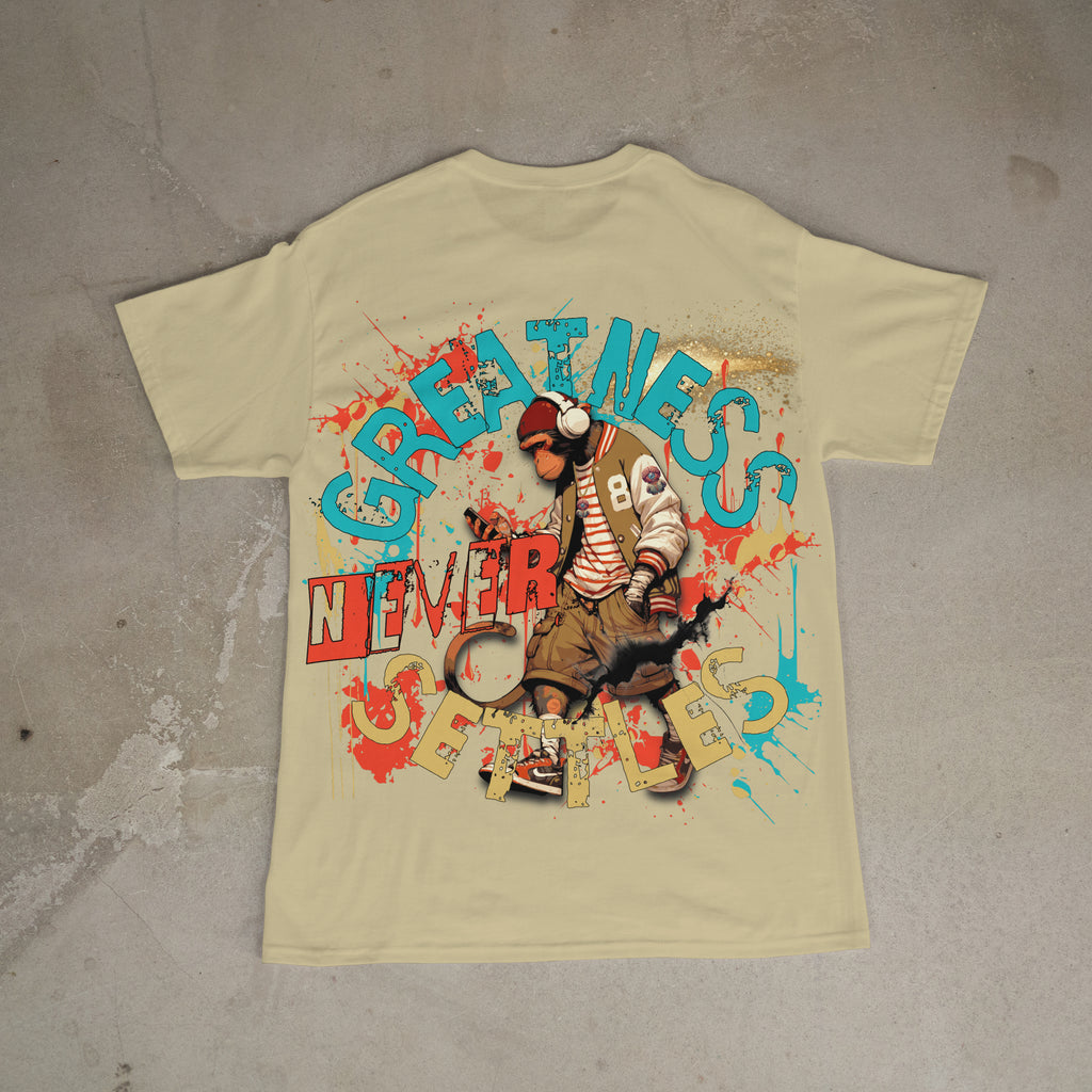 "Greatness Never Settles" Full Back Design with White Front Pocket Logo T Shirt
