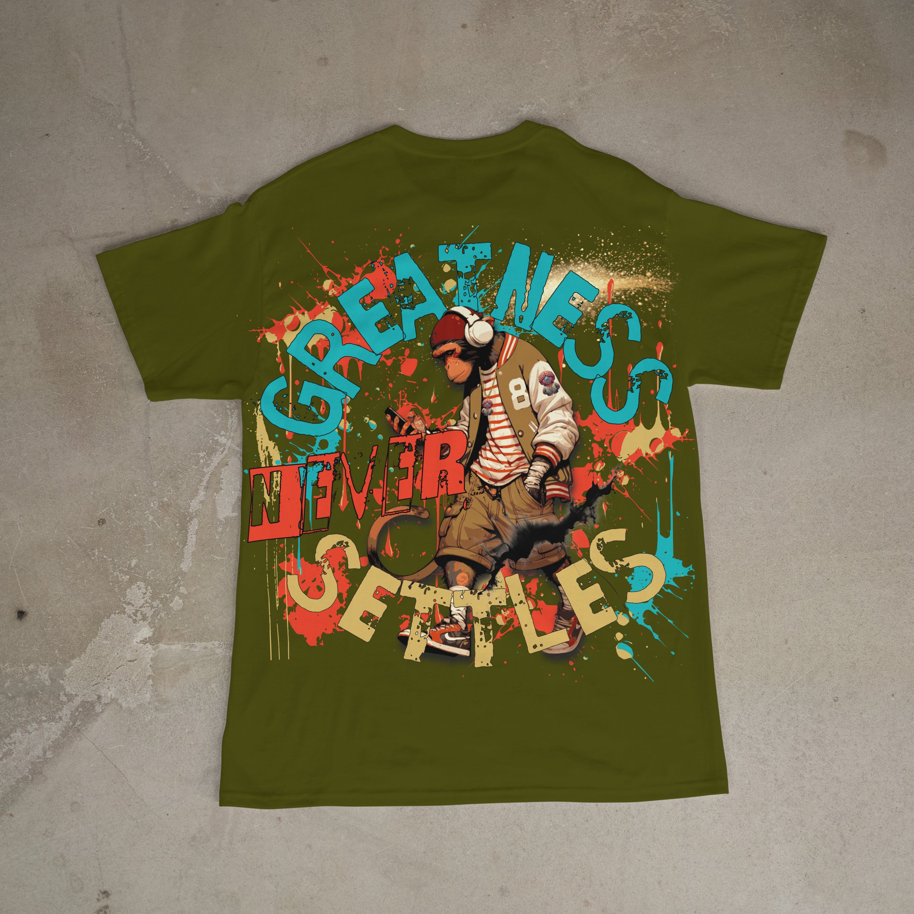 "Greatness Never Settles" Full Back Design with Black Front Pocket Logo T Shirt