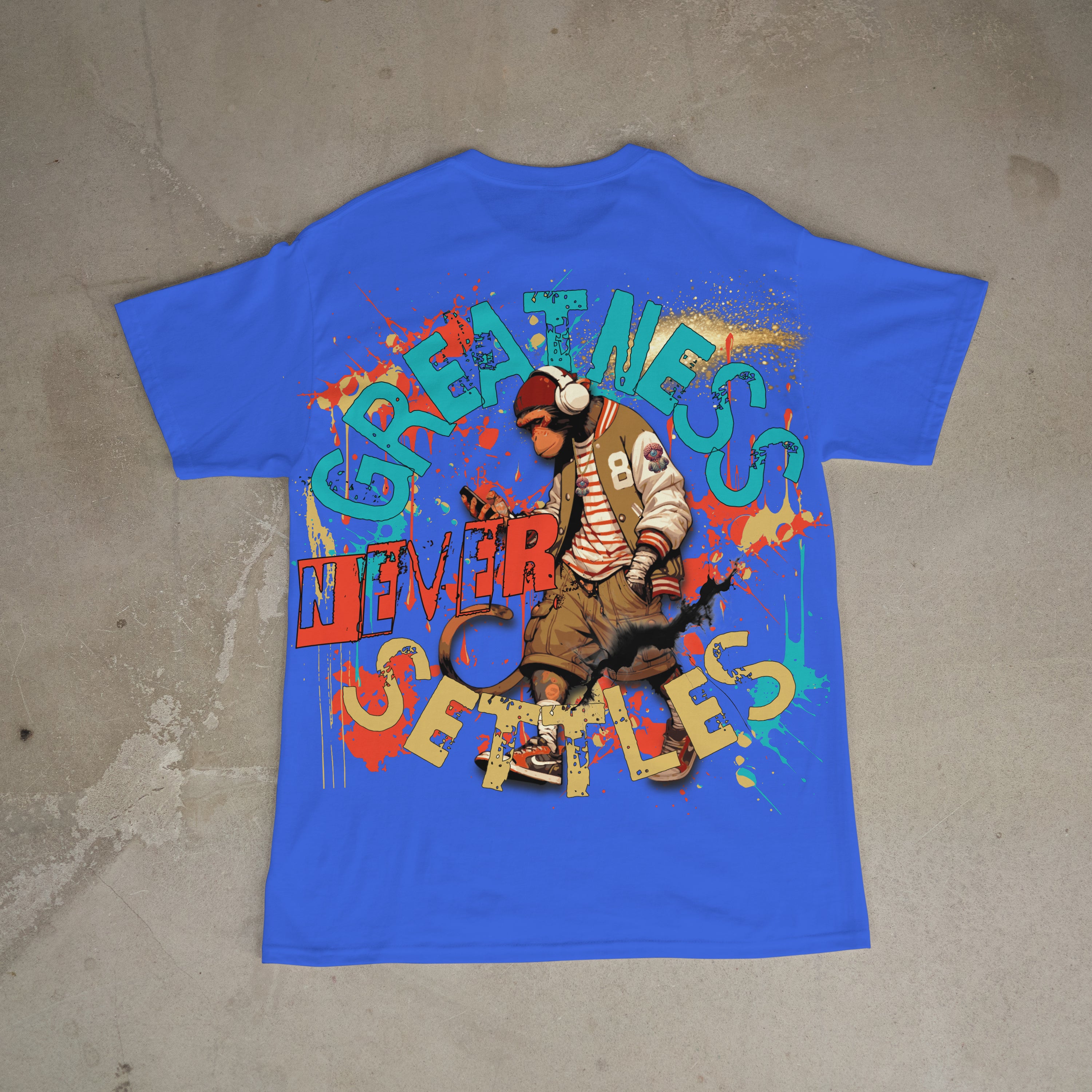 "Greatness Never Settles" Full Back Design with Black Front Pocket Logo T Shirt