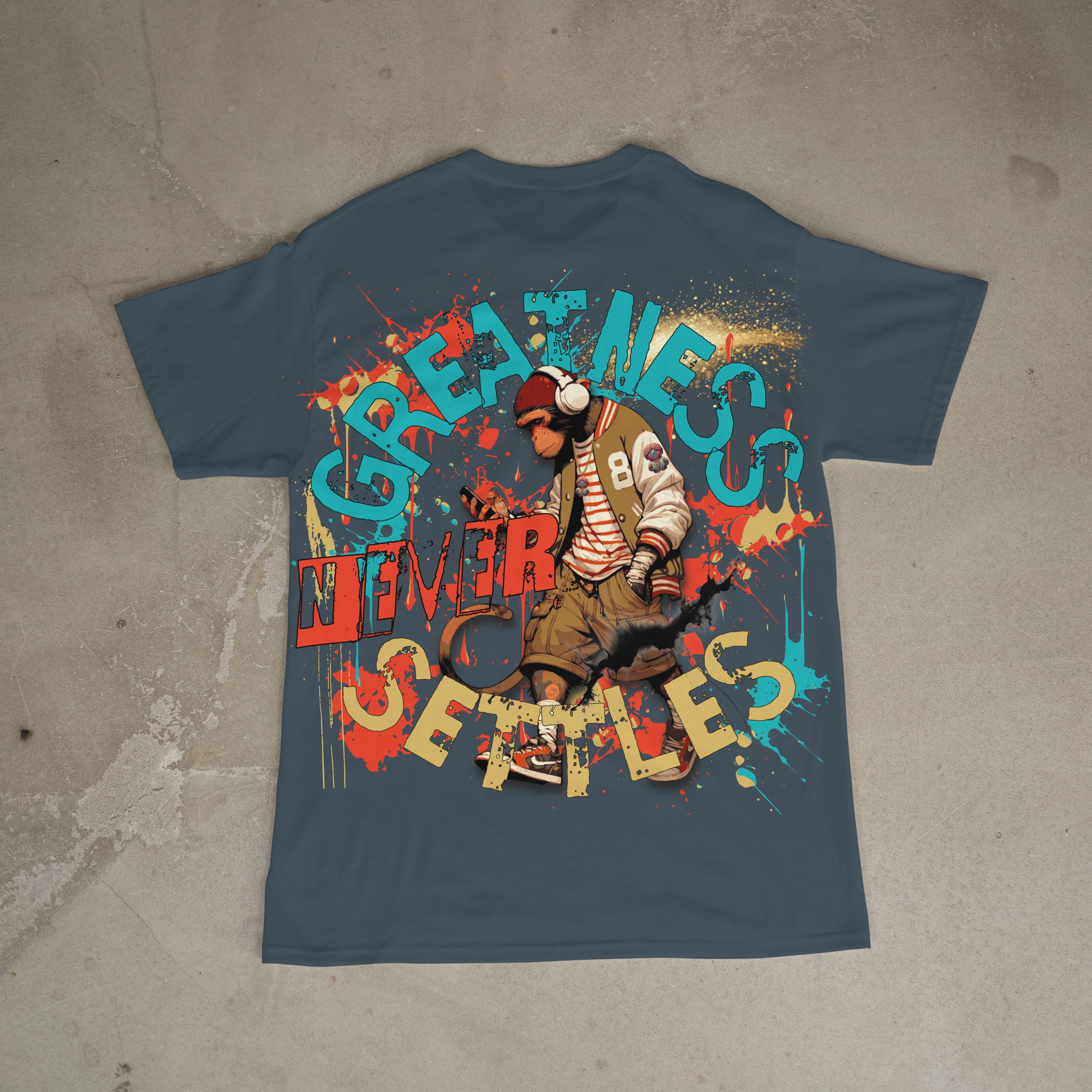 "Greatness Never Settles" Full Back Design with Black Front Pocket Logo T Shirt