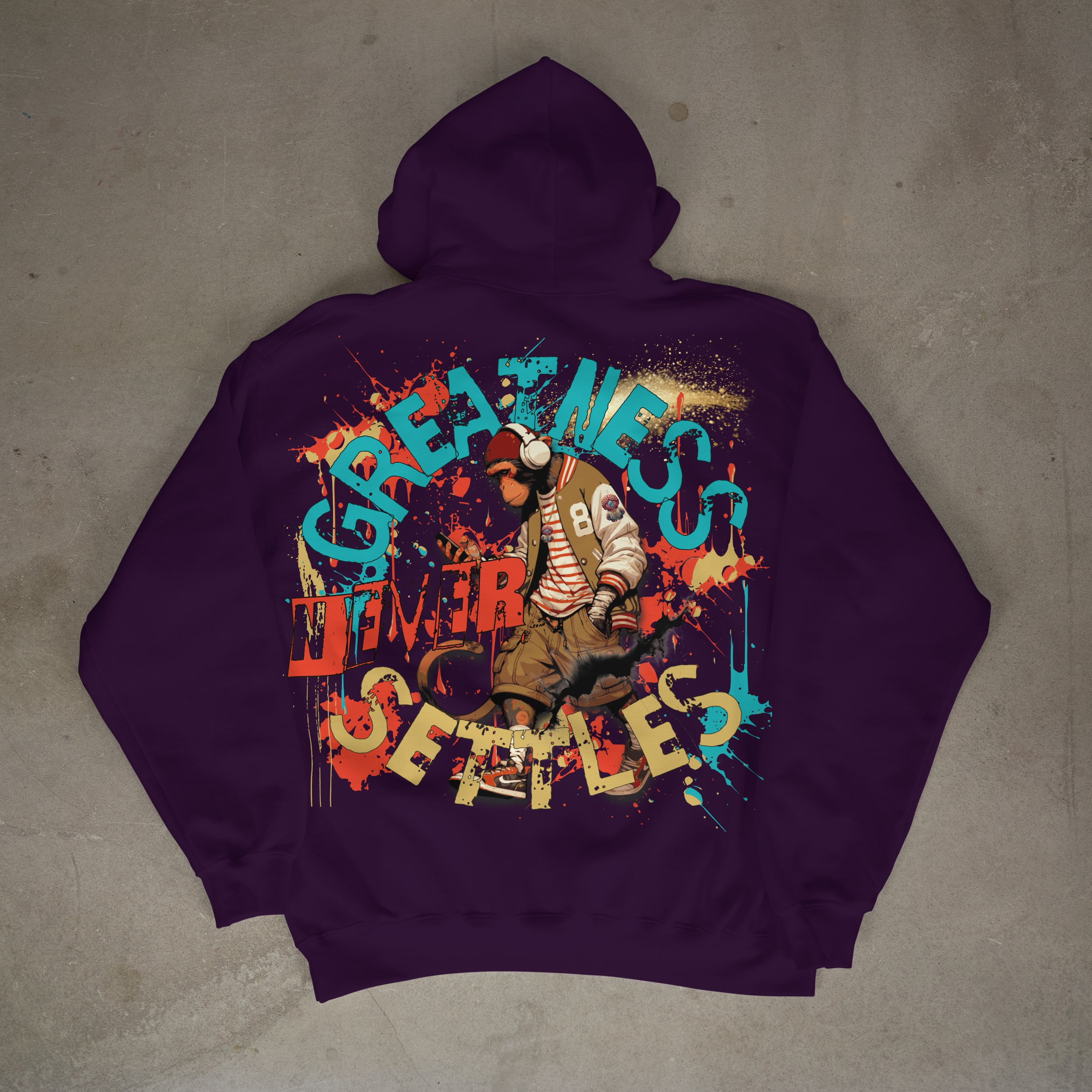 "Greatness Never Settles" Full Back Design with Black Front Pocket Logo Hoodie