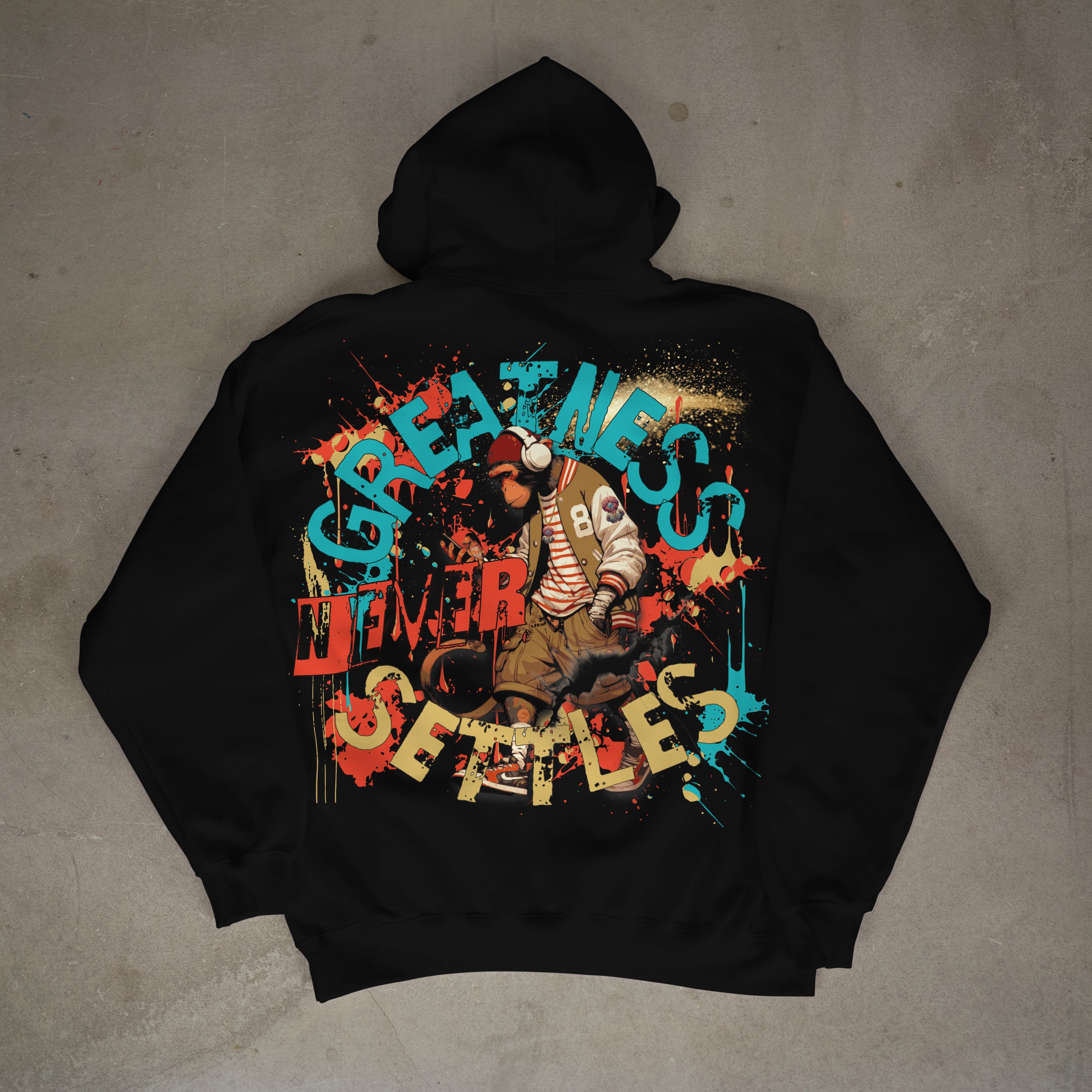 "Greatness Never Settles" Full Back Design with White Front Pocket Logo Hoodie
