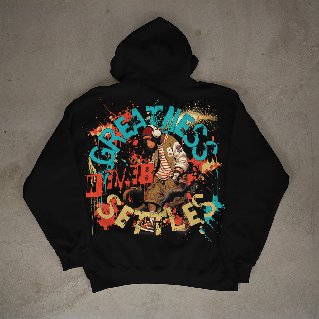 "Greatness Never Settles" Full Back Design with White Front Pocket Logo Hoodie