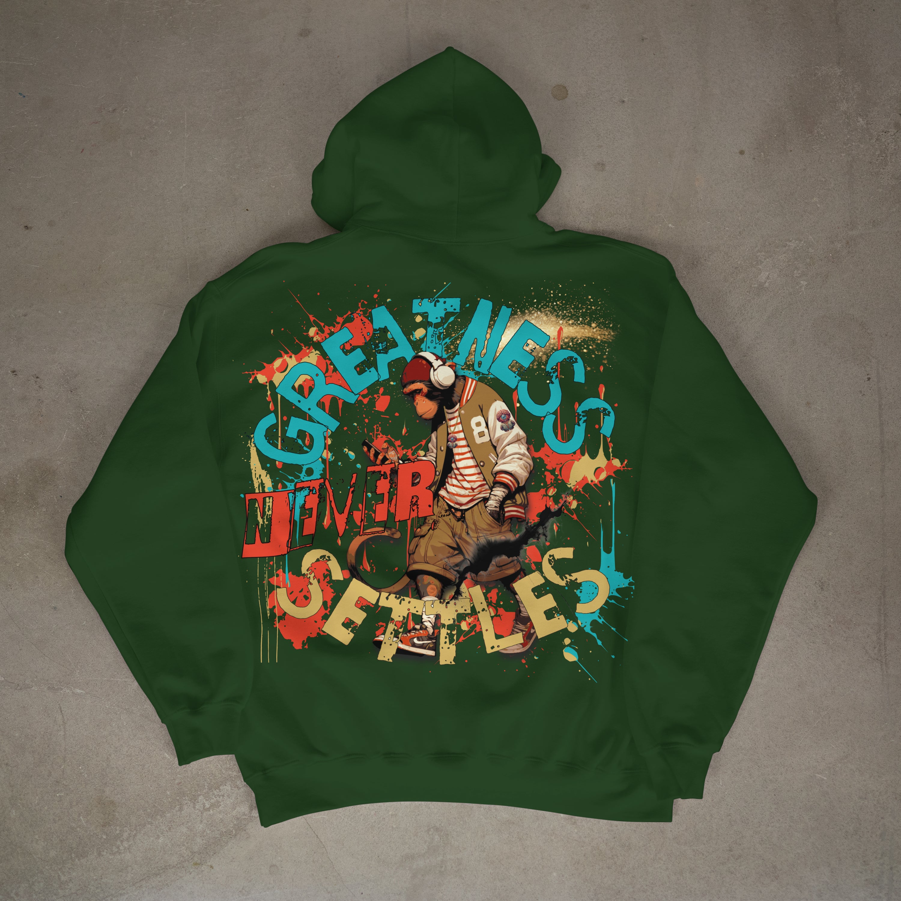 "Greatness Never Settles" Full Back Design with Black Front Pocket Logo Hoodie