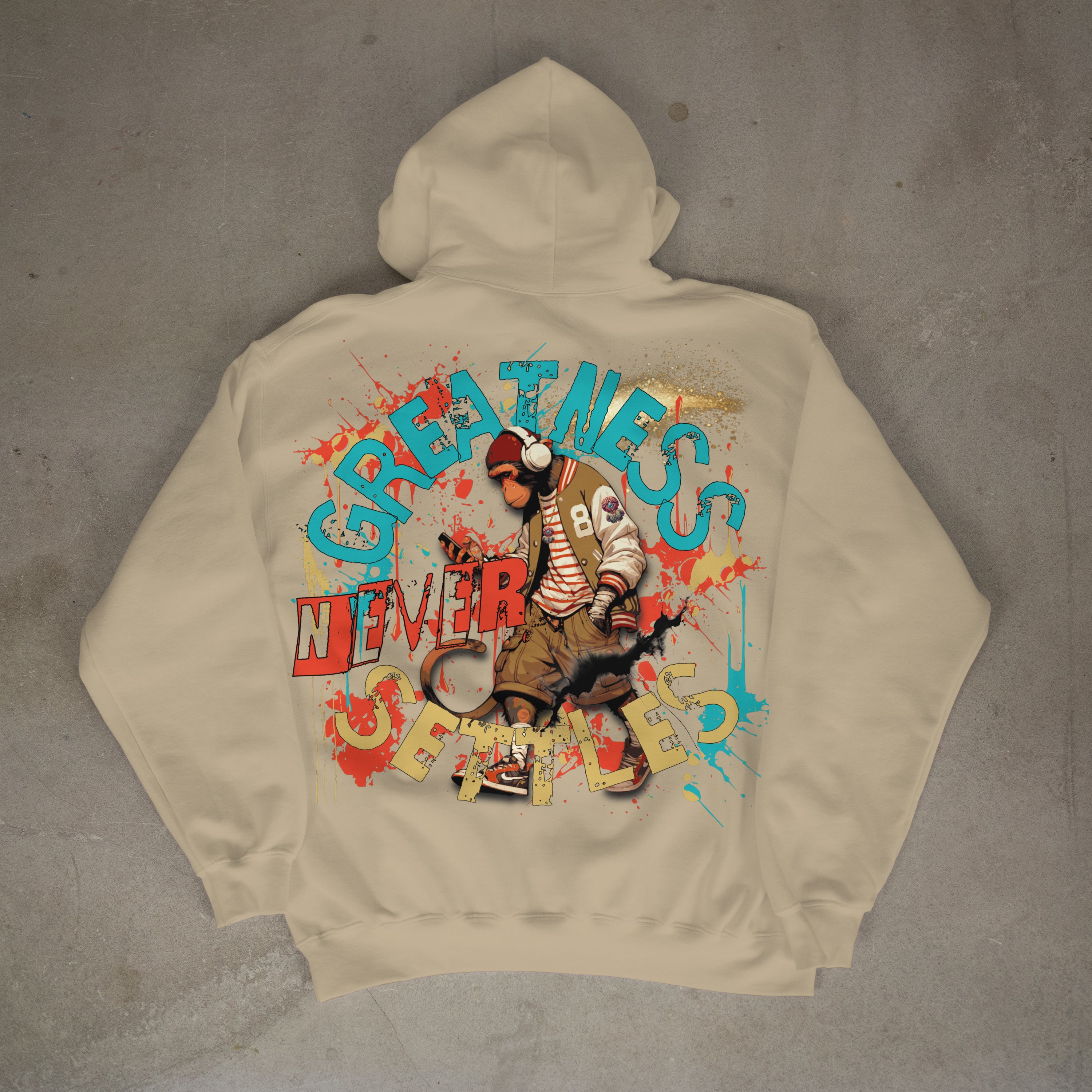 "Greatness Never Settles" Full Back Design with Black Front Pocket Logo Hoodie